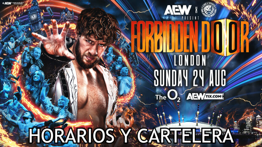 Cartel promocional AEW Forbidden Door 2025 en Londres con AEW y NJPW