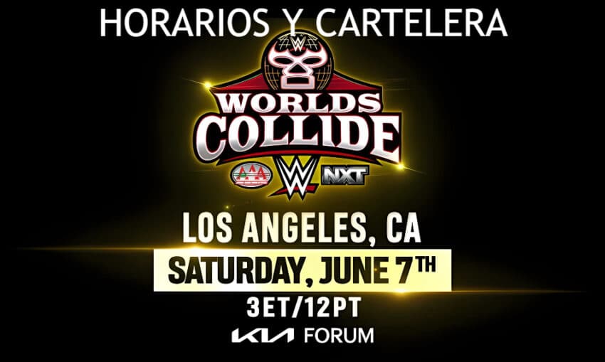 Cartel oficial WWE Worlds Collide 2025 con luchadores de WWE y AAA en el Kia Forum